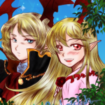 グラブルの方のヴァイトとヴァンピィちゃんを描いたもの。薔薇が好きそうだなと思い薔薇園にいる感じで描いたもの。 ヴァイトとヴァンピィちゃん
