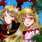 グラブルの方のヴァイトとヴァンピィちゃんを描いたもの。薔薇が好きそうだなと思い薔薇園にいる感じで描いたもの。 ヴァイトとヴァンピィちゃん
